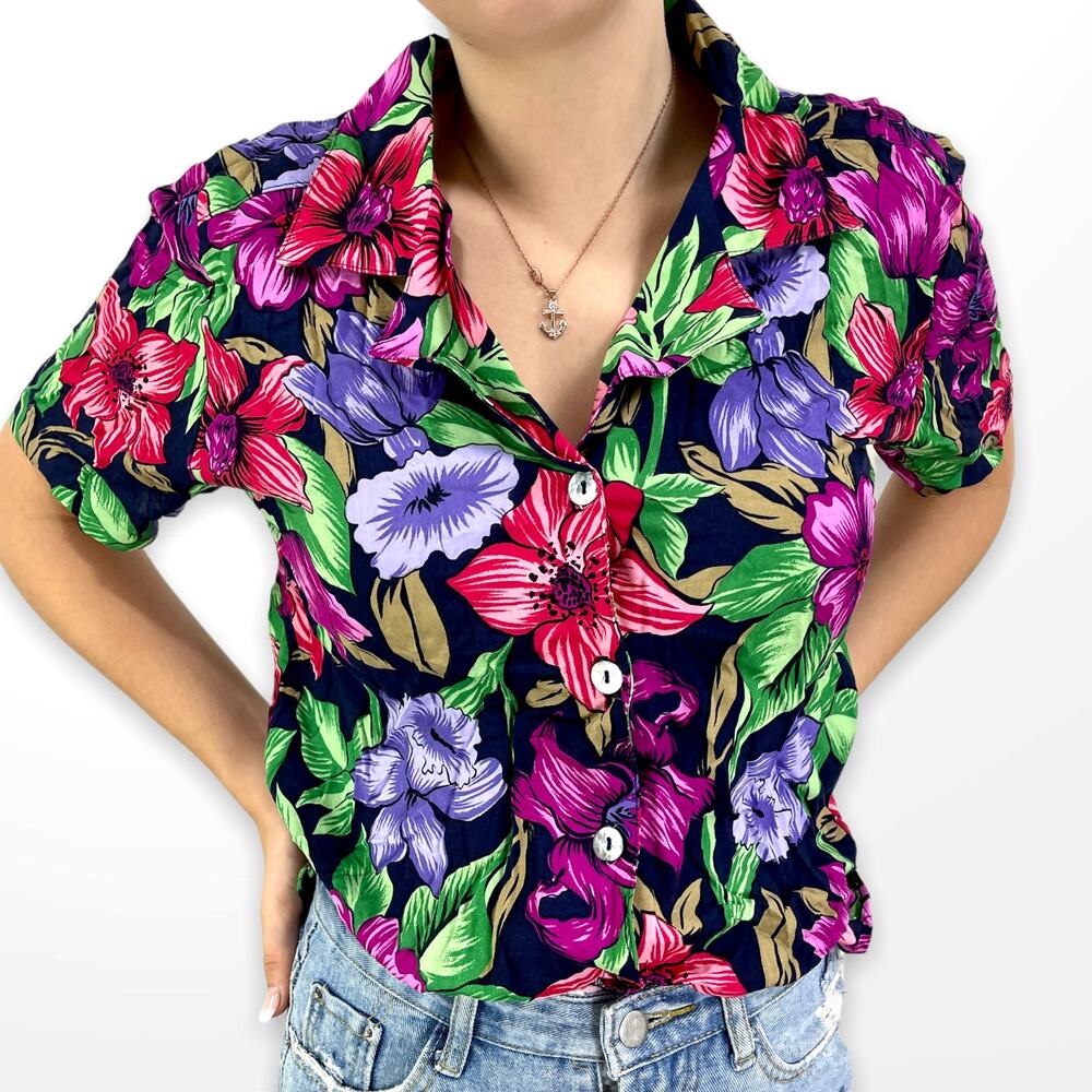90s NOTATIONS Vintage Floral Print Button Up Top